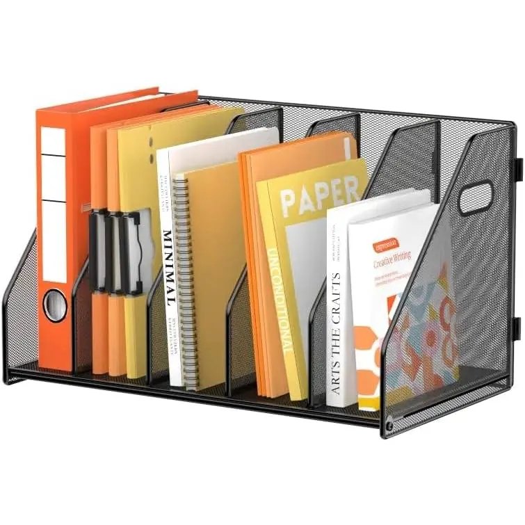 Binder Organizer, Magazine File Holder with 5 Vertical Compartments Rack, Metal Desk File Organizer & Binder Holders, Magazine Y Organizers for Office Desktop, Home, School, Classroom (Black)