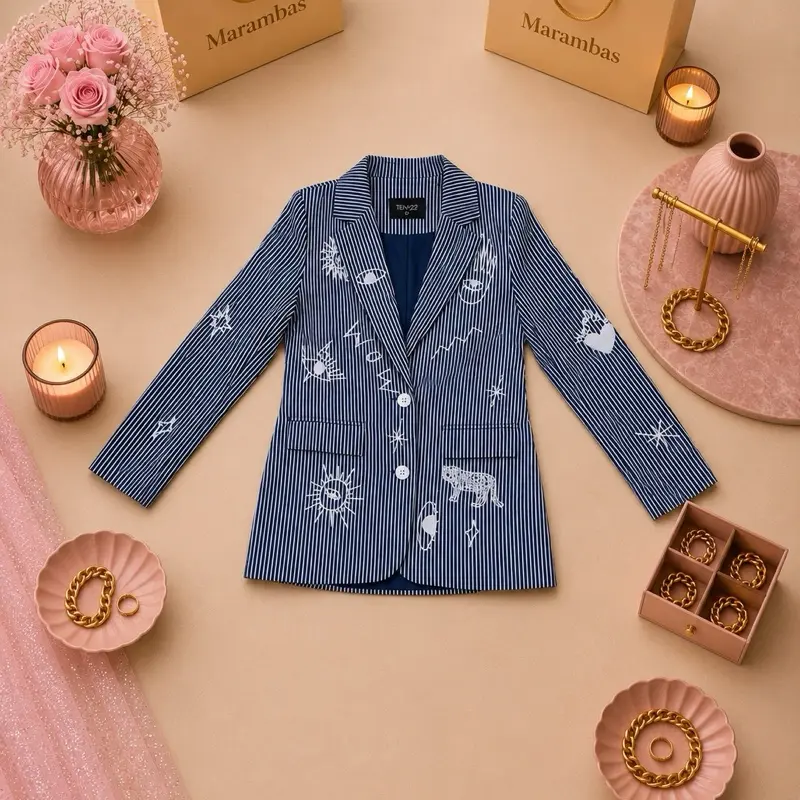 Blue denim blazer with designs