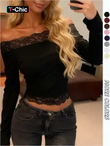 Women's Solid Lace Patchwork One Shoulder Long Sleeve T-Shirt, Sexy Fitted Casual Top, Lady, Perfect for Daily Wear Womenswear
