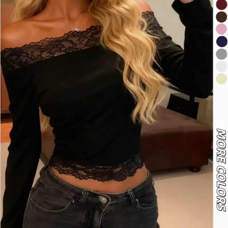 Women's Solid Lace Patchwork One Shoulder Long Sleeve Top, Sexy Fitted Casual Style, Perfect for Daily Wear, Body Hugging Tops