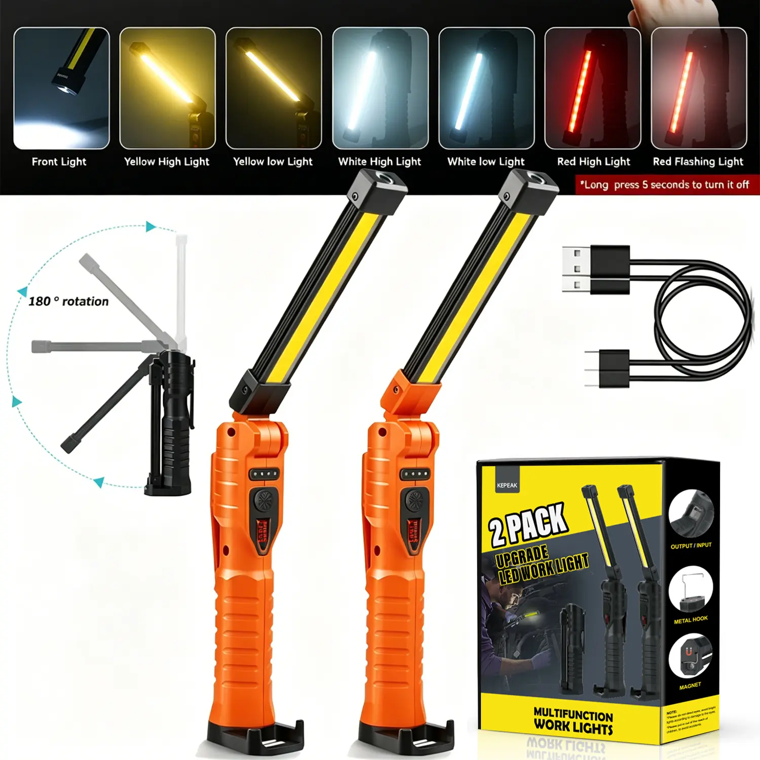 New LED Rechargeable Work Lights, Flashlight Hand Tools Mens Dad Birthday Gift Magnetic Worklight,360°Rotate 5 Modes Portable Inspection Torch for Mechanics,Automotive,Camping,Emergency (2 Pack)