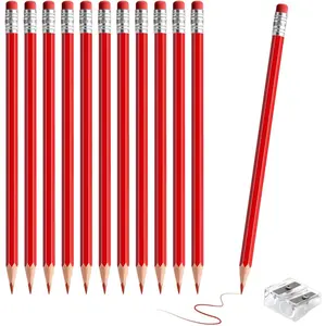 12 PCS Red Pencils with Eraser, Pre-Sharpened HB Pencils for Writing & Drawing, School Supplies for Kids Homework, Tests, Art Crafts & Teacher Grading (Red)