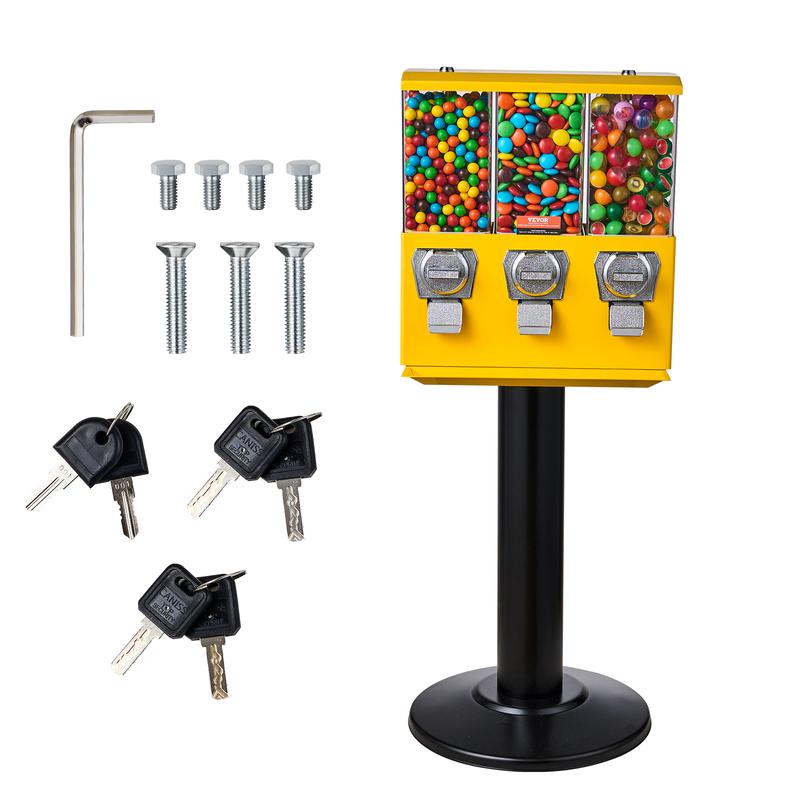 VEVOR Commercial Vending Machine,  , Triple Compartment Candy Dispenser with Iron Stand, Gumball and Candy Machine for Business, Coin Operated Gumball Bank for Toy Capsules Bouncy Balls Candy Nut, Yellow