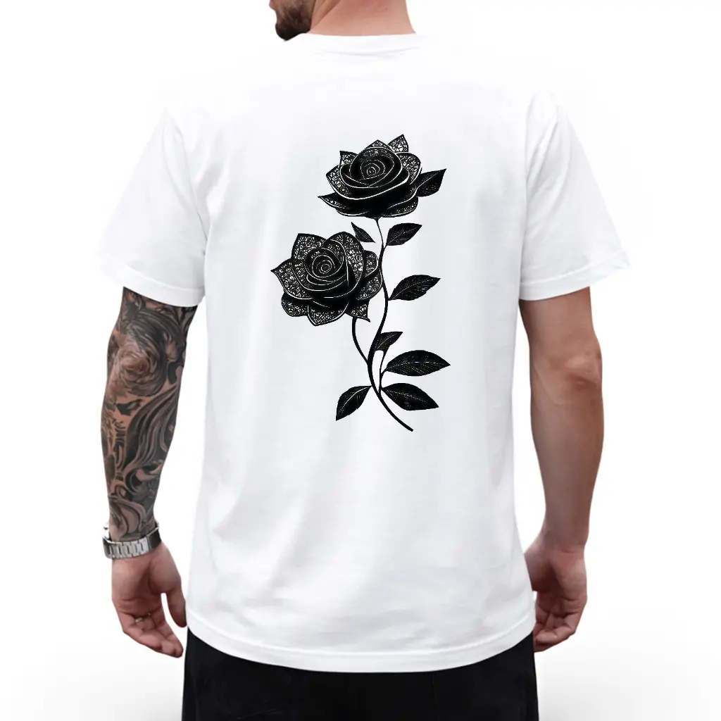 Men's Rose Print T-Shirt, 100% Cotton Casual Loose Fit Graphic Top, Breathable Short Sleeve Unisex Summer Apparel, Menswear
