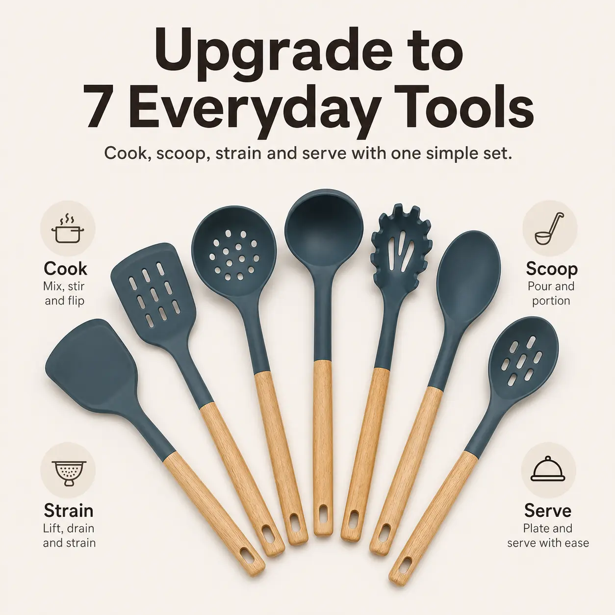 Silicone Kitchen Utensils Set 7 Pieces, Non Stick Heat Resistant Cooking Tools with Wooden Handle, Non Scratch Cookware Safe Kitchen Gadgets for Cooking Baking Serving