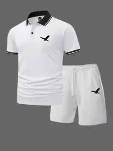Men’s summer regular-fit cotton short-sleeve polo shirt and shorts set with a bird print. Fashionable casual menswear for going out, featuring pockets and an elastic waistband drawstring. Suitable for running, golf, fishing, basketball, camping, gym, swim