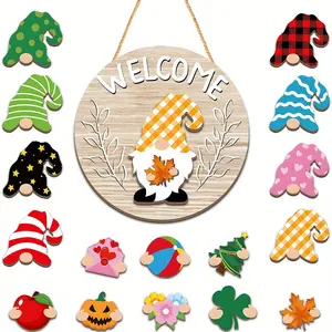 1 Set Gnome Wooden Decorative Plaque & DIY Ornament Welcome Round Door Hanger Interchangeable Seasonal Decor Suitable for Homes, Offices & Cafes Decoration for Thanksgiving, Halloween & Christmas
