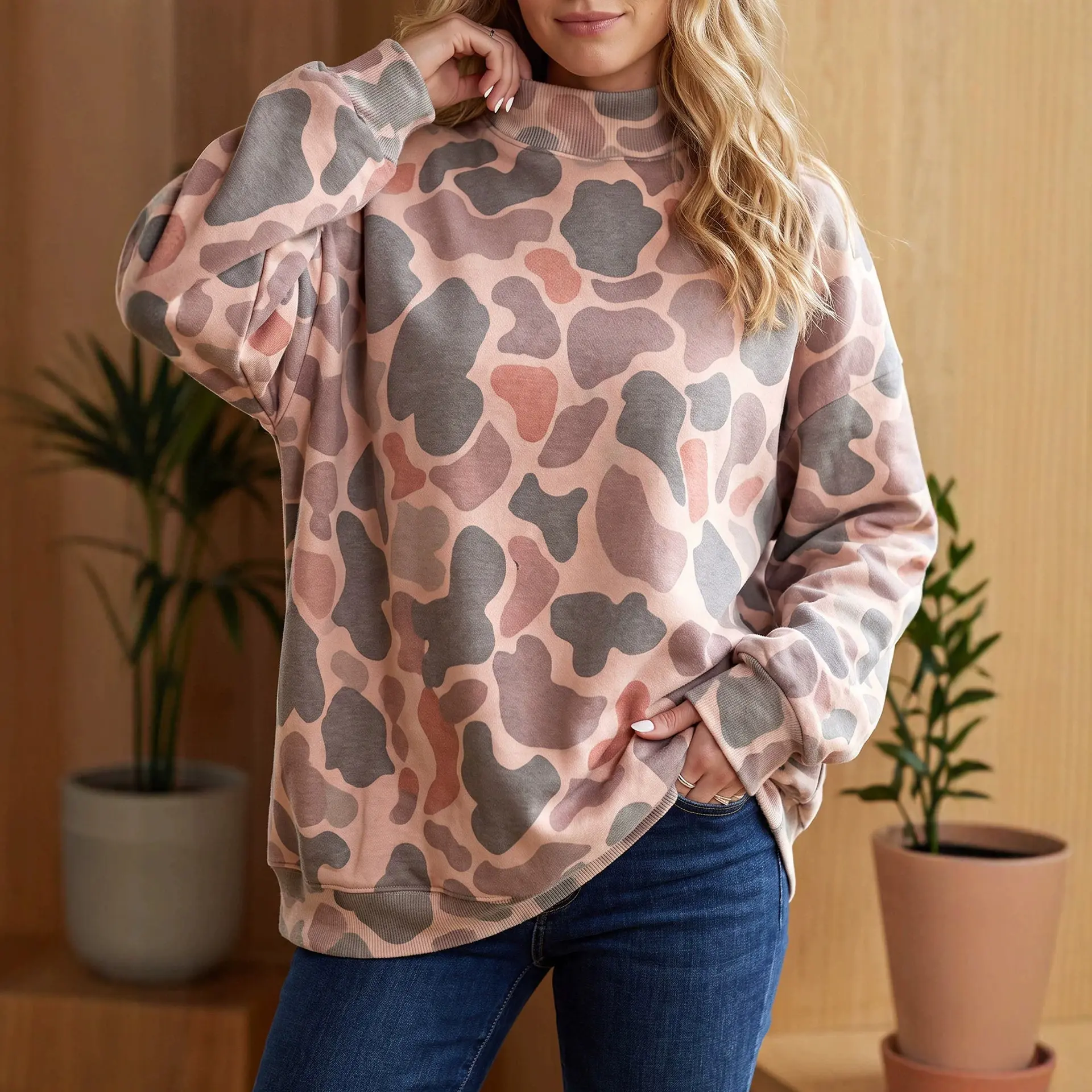 Oversized Dark Camo Mockneck Crew
