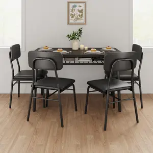 5-Piece Dining Table Set for 4 – Features: Storage Rack, Wood Tabletop, Heavy-Duty Metal Frame, 4 Upholstered Chairs – Ideal for Small Spaces, Apartments, Condos – Black