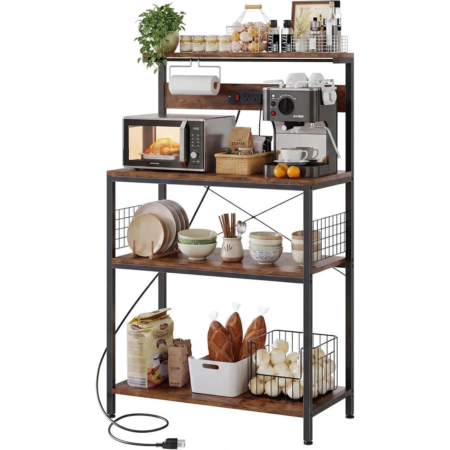4 Tiers Adjustable Kitchen Bakers Rack Built-In 3 AC Outlets 6.5FT Power Cord Switchable Button Freestanding Microwave Oven Stand Metal Frame X-Shaped Crossbar Anti-Tip Design Adjustable Feet Multi-Functional Kitchen Appliance Storage Organizer