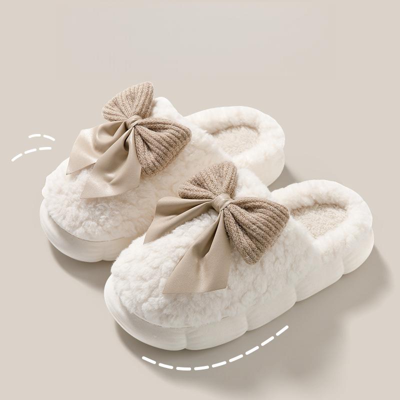 Women's Winter New Bow Plush Slippers Thick Sole Cozy Indoor Home Slippers for Fall & Winter