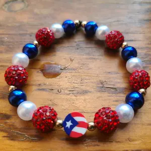 Puerto Rican Bead Stretch Bracelet with Red White and Blue Beads and Puerto Rican Flag Circle Charm