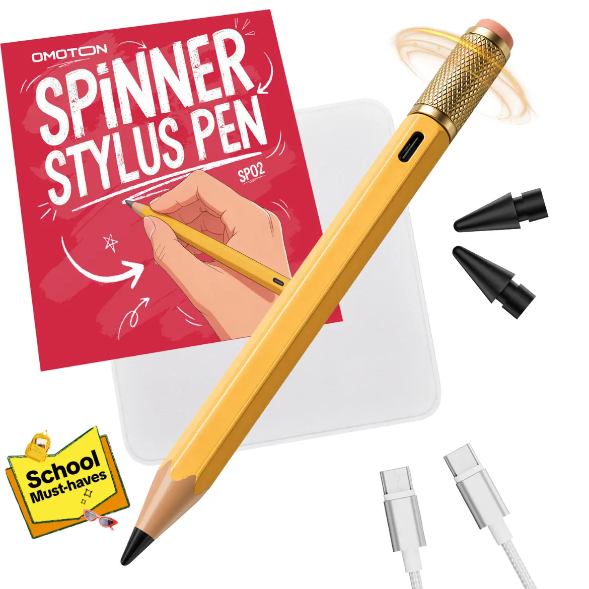 OMOTON SP02 Vintage Fidget Spinner Smooth Premium Active Stylus Pen - Durable Tablet Stylus Accessory with Grip, Writing Function, Tilt Sensitivity, Palm Rejection, 13h Long Battery, Compatible with 2018-2026 iPad Pro/Air/Mini 5/6 - Yellow Metal,techvibes