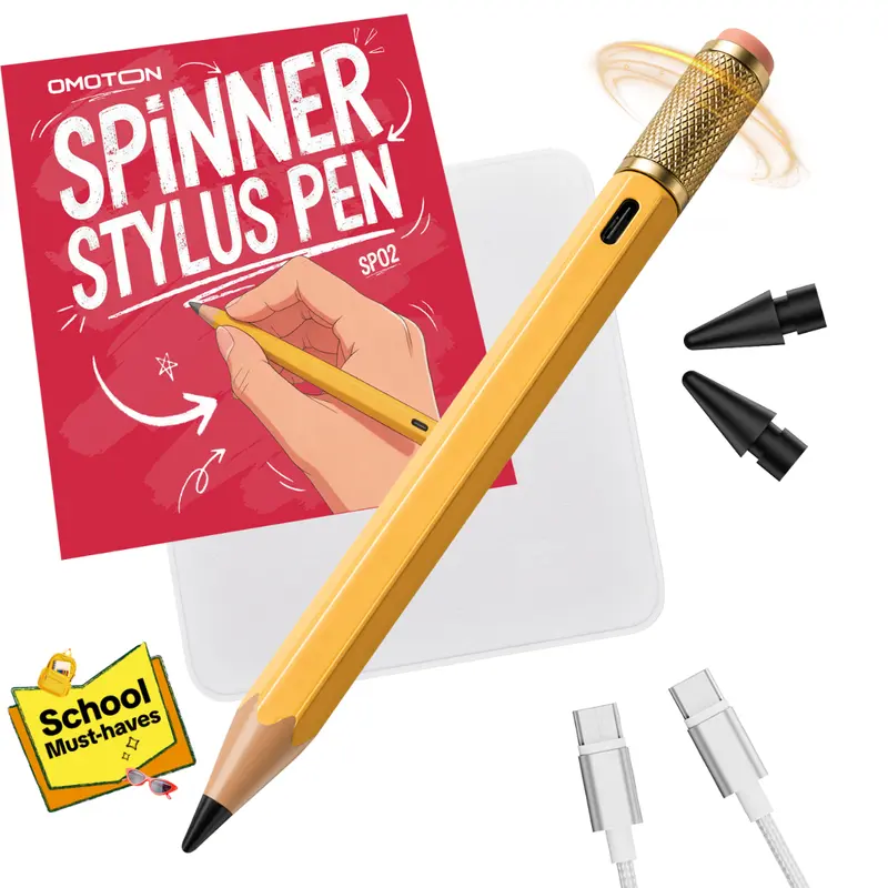OMOTON SP02 Vintage Fidget Spinner Smooth Premium Active Stylus Pen - Durable Tablet Stylus Accessory with Grip, Writing Function, Tilt Sensitivity, Palm Rejection, 13h Long Battery, Compatible with 2018-2026 iPad Pro/Air/Mini 5/6 - Yellow Metal