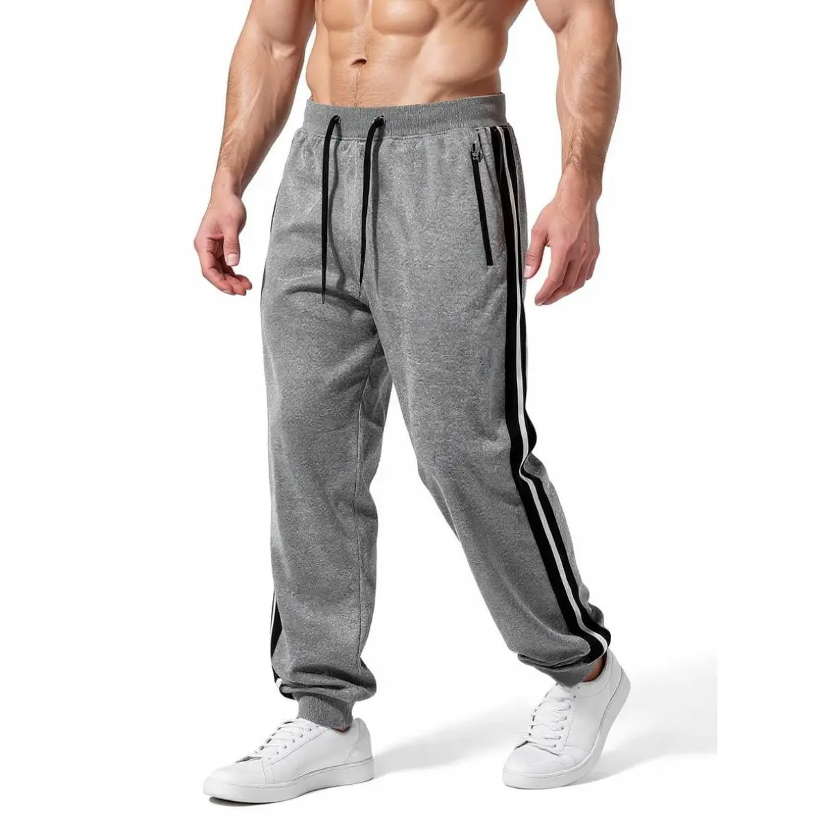 Men's Pinstriped Side-Striped Fleece Joggers - Relaxed Fit, Athleisure, Chill, Monochromatic, Warm-Up Men's Pants, Ideal for Casual Lounging & Streetwear, Sporty Style, Athleisure Men's Pants