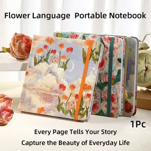 Floral Portable Journal Notebook, Square Fabric Cover Blank Page Notebook with Elastic Band Closure and Ribbon Bookmark, Rounded Corner Design, Lay Flat Writing Journal for Daily Notes, Travel Journaling, Sketching, Inspiration Writing, Office Memos/Gift