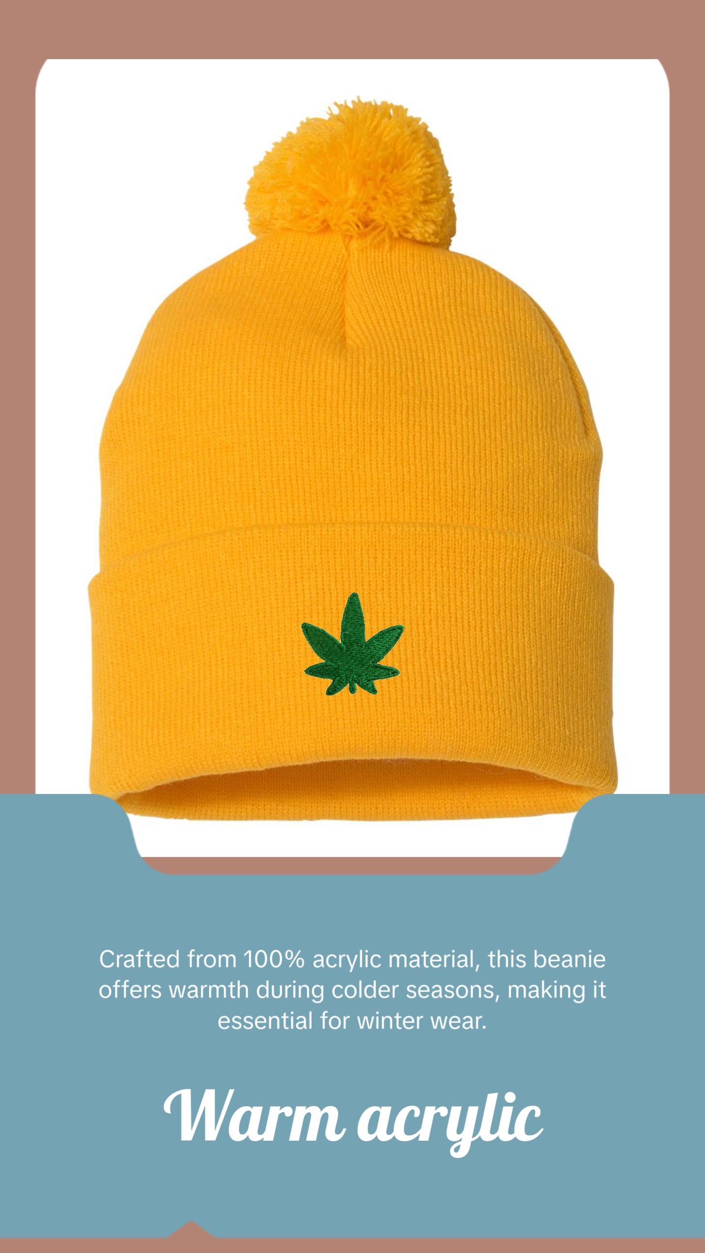 Marijuana Leaf Embroidered Knit Beanie Pom Cap