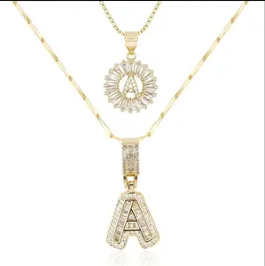 2 Pack 14K Gold Plated 3D Bubble Initial Letter Pendant Necklace Set, Iced Out Cubic Zirconia Adjustable Stackable Chain, Unisex Hip Hop Y2K Personalized Jewelry Gift for Men Women Birthday Valentine’s Day