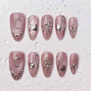 [Stellar] Medium Almond Handmade Press on Nails, Fake Nails with Nail tool kit with Jelly Stickers, Reusable, Durable