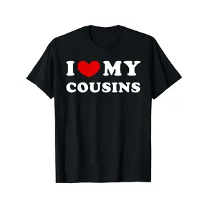 Menswear 100% Cotton Graphic T-Shirt, Short-Sleeve Round Neck Top - Black with White Text & Red Heart Print, Loose Oversized Vintage Casual Tee, Machine Washable Family Gift for Cousins