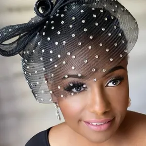 Black Fascinator with Netting and Rhinestone Embellishments for Elegant Occasions
