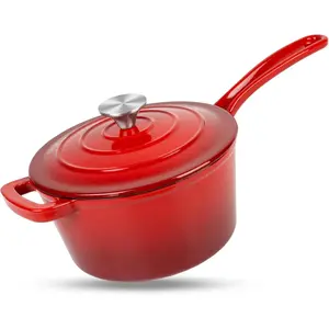 Enameled Cast Iron Sauce Pan, 2 Quarts Round Sauce Pot with Lid, Mini Dutch Oven Enamel Saucepan for Cooking Pasta Sauce, Marinate, Cook, Refrigerate and Serve, Gradient Red