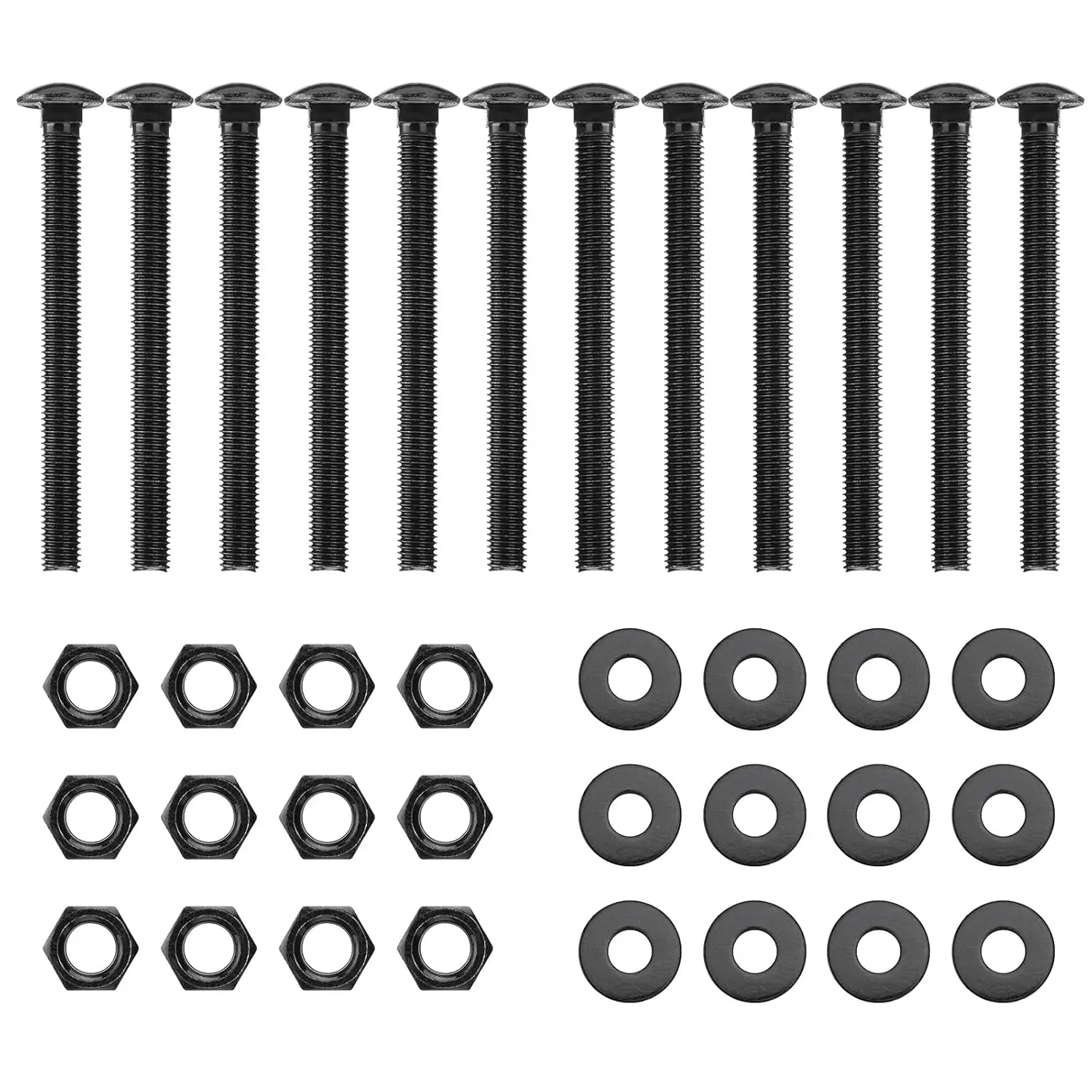 1/2 x 6 Inch Carriage Bolt Kit, Rust Resistance  Includes 12 , 12 Washers, and 12 Nuts, Black