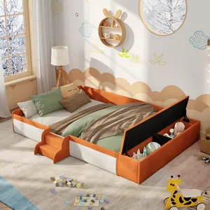 Kids Queen Size Floor Bed with Padded Guardrails, Velvet Upholstered Daybed Frame with Stairs & Gas Lift Storage Ottoman, Contrast Color Wood Bed for Living Room, Brown+White