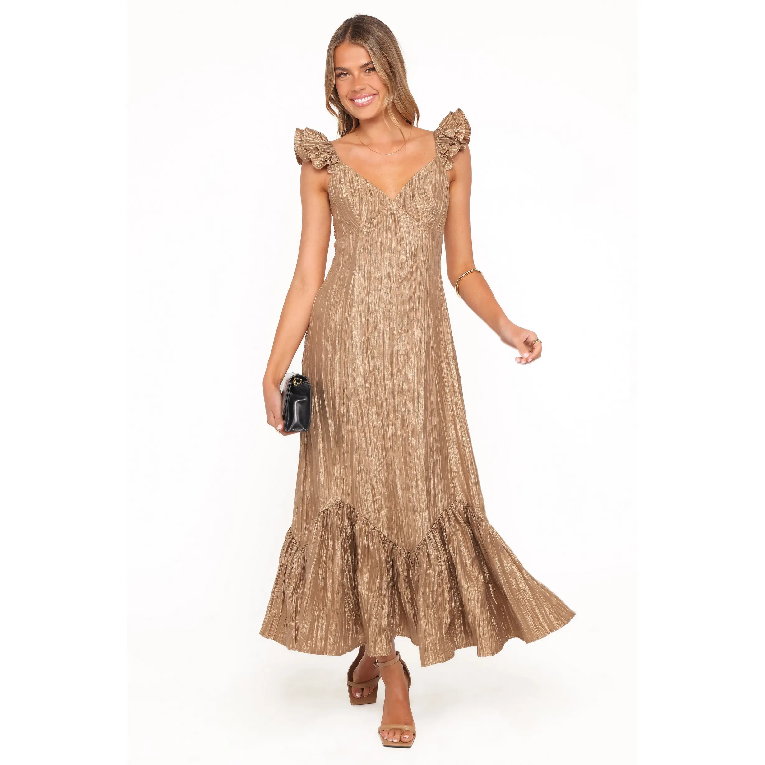 chinese dress ladies Beaded Bronze Formal Dress with Long Cape Sleeves Bronze / 8