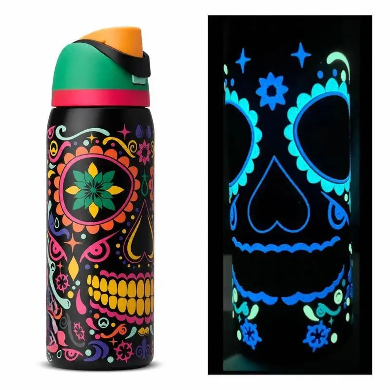 32oz Glow in the Dark Insulated Water Bottle with Built-In Straw, Leakproof Stainless Steel Sports Bottle, Colorful Sugar Skull Design, 24H Cold Travel Bottle for Gym & Everyday Use