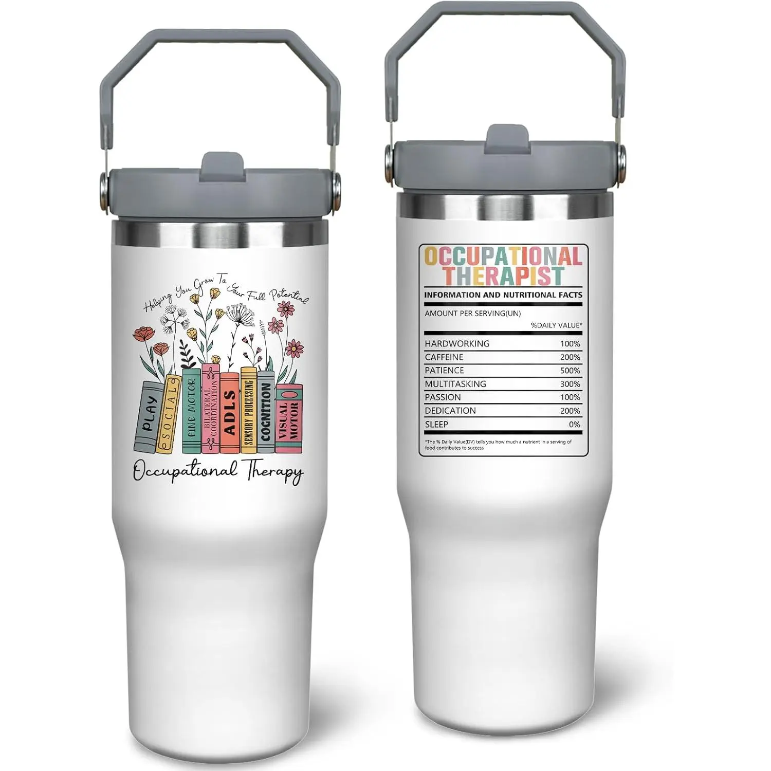 30oz Stainless Steel Insulated OT Tumbler Water Bottle - Portable Coffee Mug with Handle, Lid, Straw, Stylish Occupational Therapy Gift for Adult Therapists (Thanksgiving, Birthday) Kitchen Drinkware, Insulation