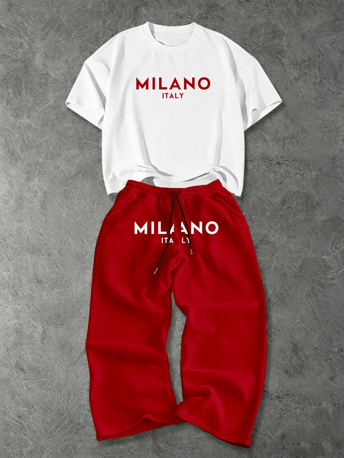 Men's American Milan Style Letter Print Sport Set, Loose Short Sleeve Round Neck T-Shirt + Wide Leg Pants, Casual Daily Wear, Trendy