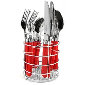 16-Piece Stainless Steel Flatware Set with Metal Caddy Dishwasher Safe Silverware for Everyday Dining Red