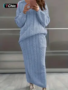 Women's Solid Cable Knit Sweater & Pocket Skirt Set, Long Sleeve Round Neck Jumper & Long Skirt, Two-piece Casual Matching Set Outfits for Daily Wear, Womenswear, Clothes