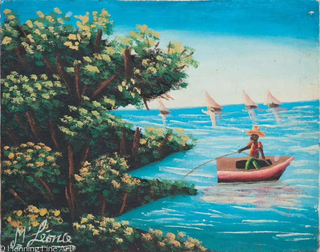 Beautiful Vintage Folk Art Painting Haitian Coastal Landscape Signed M Leonce