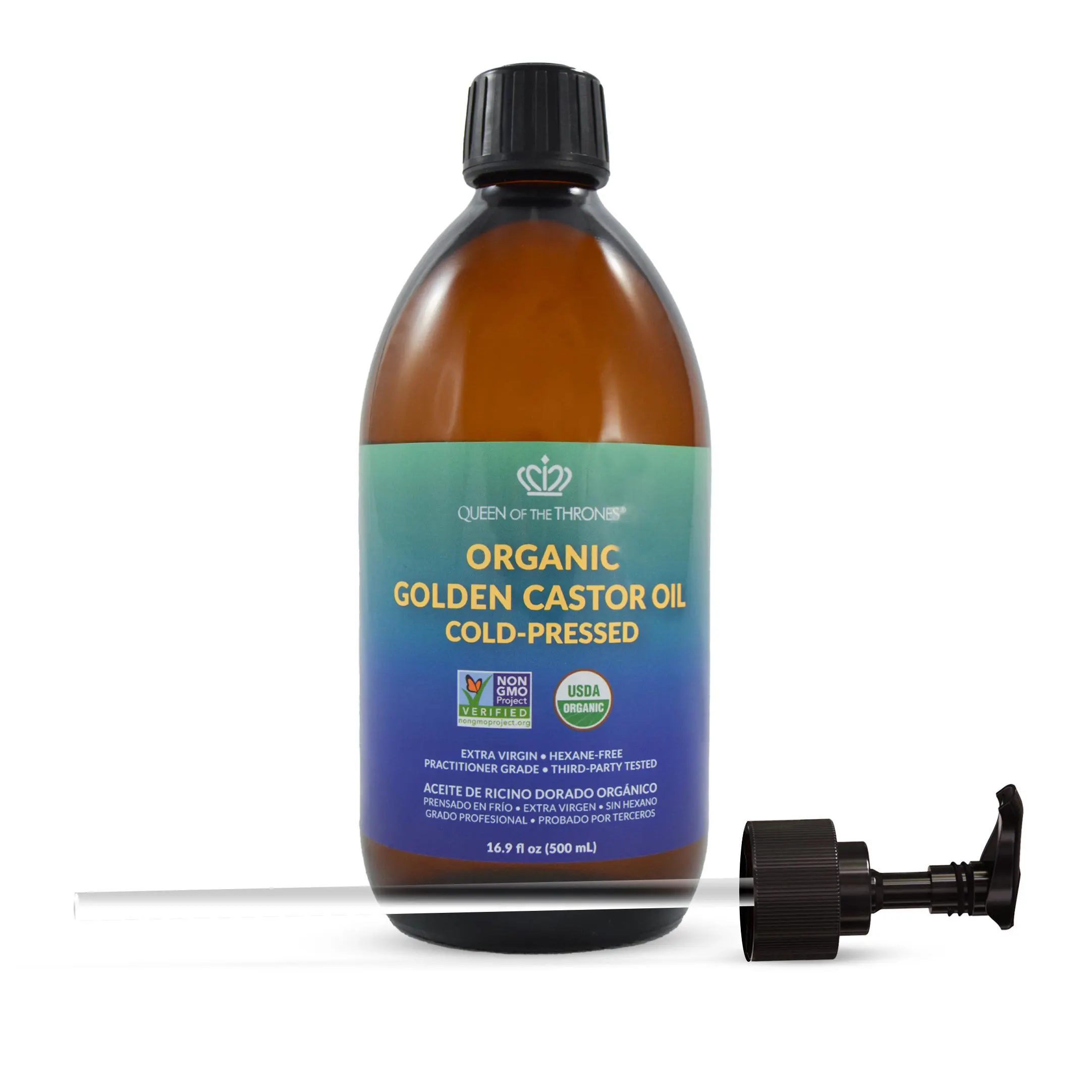 Queen of the Thrones Organic Golden Castor Oil - USDA Certified Extra Virgin, Hexane-Free, Cold-Pressed, 500ml for Radiant Skin, Hair & Nails