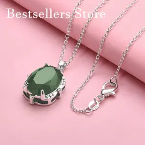 JEWEL4U - 925 sterling silver 16-30 inch exquisite green zircon pendant necklace for women's fashion gifts, wedding accessories, jewelry