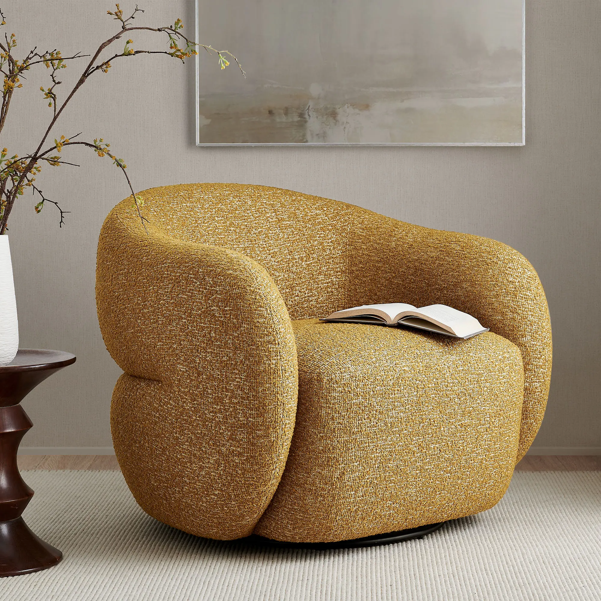 Selby Textured Woven Fabric Swivel Accent Chair in Mustard
