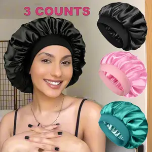 Satin Bonnet for Sleeping, 3 Counts/set Soft and Smooth Sleep Bonnets for Women, Large Wide Band Sleep Cap for Curly Hair Braids, Heatless Hair Care Cap