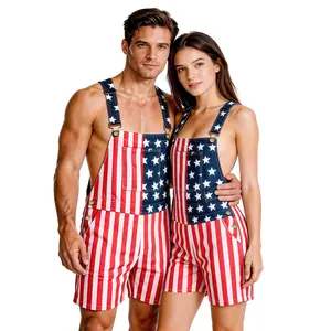 American Flag Overalls Shorts for Men Women, Stretch Denim Bib Shorts USA Patriotic Outfit for 4th of July Festivals and World Cup Watch Parties