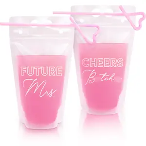 Effortless Events Bachelorette Drink Pouches, 16 Count, 15 Oz Drink Pouches with Straws, Rose Gold, Future Mrs & Cheers, Pouches for Drinks with Straws Bachelorette Party Cups & Bride To Be Gift Plastic Pink