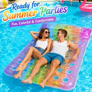 2-Person Inflatable Pool Float Mat with Glitter-Filled Design, Gradient Large Adult Floating Raft with Headrest and Holes Bottom, Oversized Thickened PVC Water Lounger,  Heavy Duty Summer Floating Mat for Couples, for Swimming Pool,Tanning, and Beach