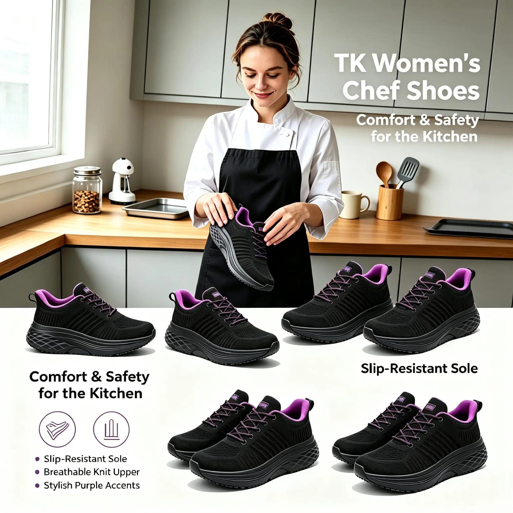 Women's Chef Shoes, Anti-Slip Mid Top Fabric Sneakers, Oil-Resistant Wear-Resistant Casual Trainers for Kitchen Work, Footwear, Extra Wide Fit Casual Trainers, Anti-Slip Wear-Resistant Casual Trainers