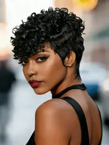 Women's Human Hair Wig 8 Inch Pixie Cut Curly Wave Short Wig with Bangs, 180% Density Full Machine-Made Design Pixie Wigs