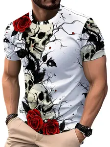 Men's Summer Casual Short Sleeve Skull Rose Floral Print