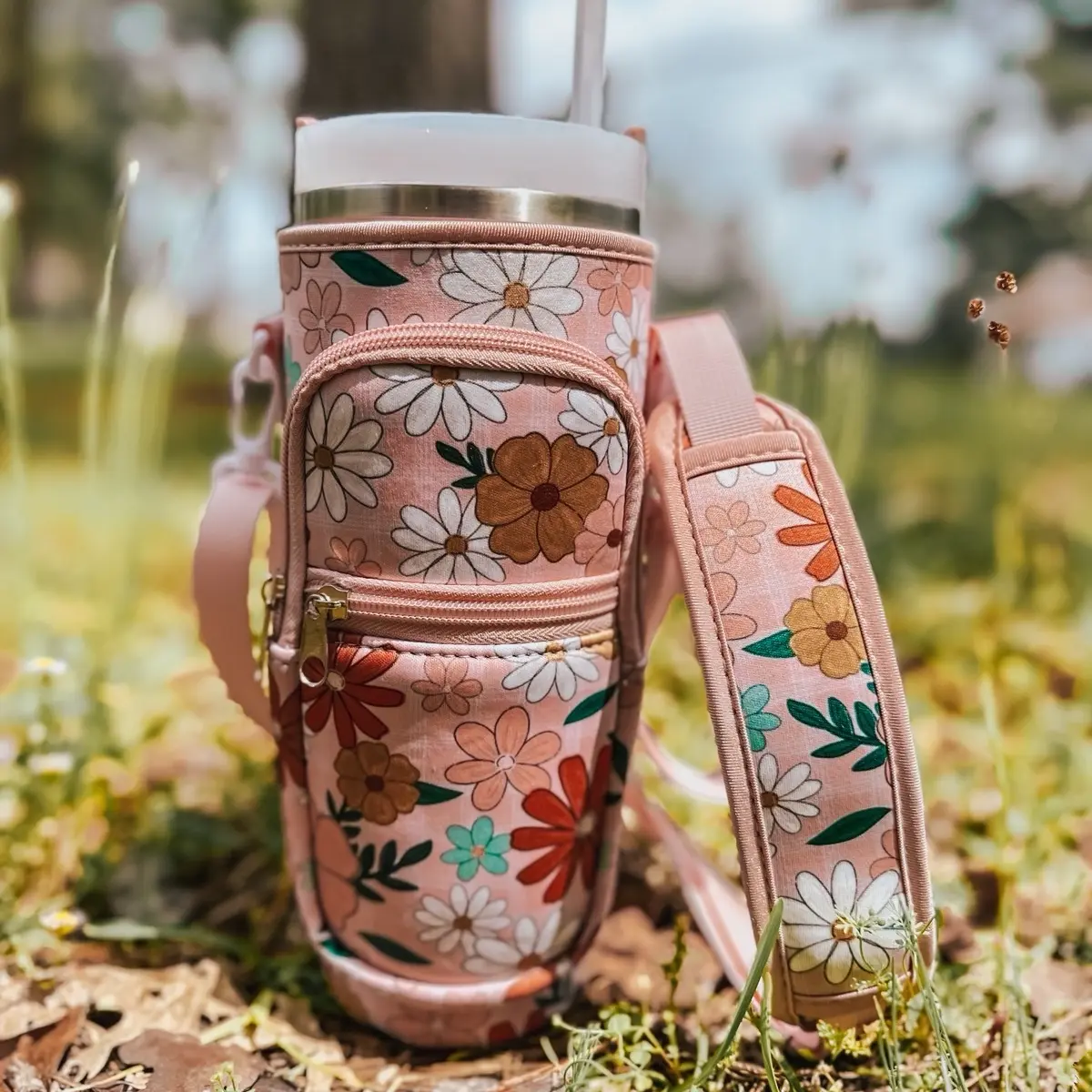 Flower Print 40 oz Tumbler Sleeve with Adjustable Strap