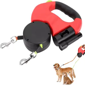 Enhanced Automatic Double Dog Leash with Innovative Dual-Ended Design for Walking Two Dogs Latest Model Red & Black traffic training puppy comfortable grip dog  walker Handle Swivel free hand Color Retractable Pet Leash petessentials products Two-Dog