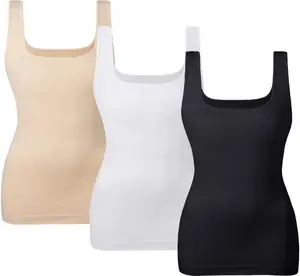 Women 3 Pieces Square Neck Ribbed Tank Tops, Seamless Body Shaping Camisoles Slim Fit Basic Sleeveless Layering Undershirts