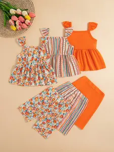 Girls' Floral Striped Full Print Sleeveless Top + Short Pants Set (3 Sets), Cute Baby Girl, Summer Fashion Clothing