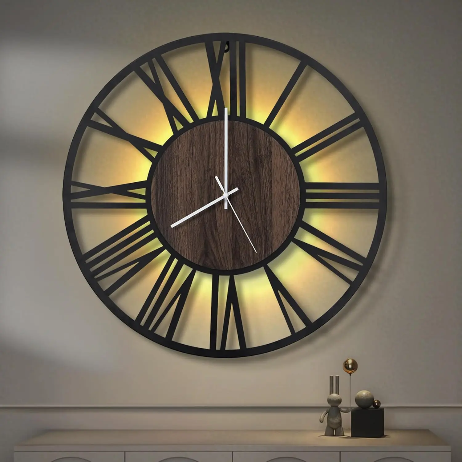 20-Inch Rustic Modern Wood Wall Clock - Silent Non-Ticking, Battery-Operated with Night Light, Large-Format Wall-Mounted Clock for Living Room Room Decor, Clock Wall Clocks
